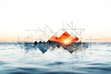 Poster - Artistic blend of geometric shapes and a sunset over calm ocean waters