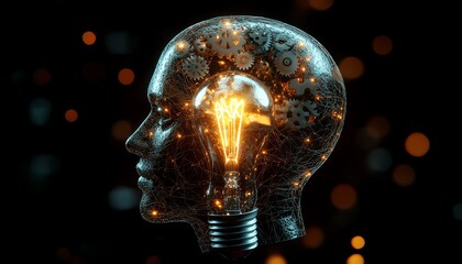 Poster - Human head featuring gears and a glowing light bulb, representing AI, innovation, and creativity, hightech design, dynamic glowing connections, modern futuristic style