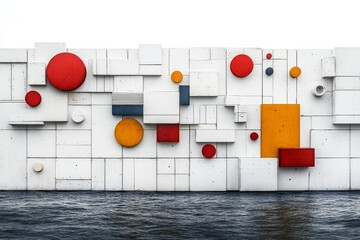 Poster - Colorful abstract wall structure beside calm water creates a vibrant contrast in urban setting