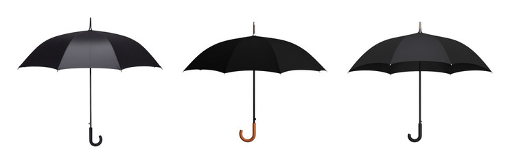Wall Mural - black umbrellas in different styles and shades isolated on transparent background