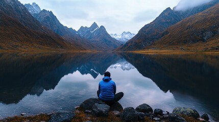 Wall Mural - A man sits on a rock by a lake, looking out at the water