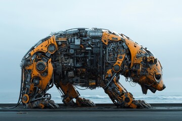 Poster - Robot bear built from metal parts on a beach with waves in the background during overcast sky