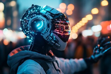 Poster - Robot figure in futuristic city at night with glowing features and vibrant lights