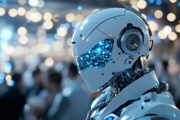 Poster - Futuristic robot head with illuminated features observed in a busy urban setting