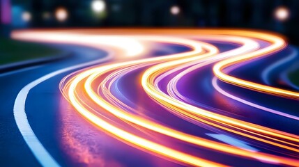 Poster - Long exposure photograph of glowing light trails on winding road at night creating vibrant streaks of orange, purple and blue colors against dark background.
