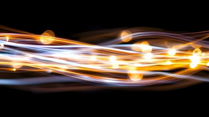 Poster - Glowing light trails with orange and white streaks flowing in dynamic waves against black background create abstract luminous effect for technology designs.
