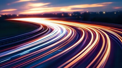 Poster - Long exposure shot of curving highway at dusk with colorful light trails from moving vehicles creating dynamic streaks against dramatic sunset sky.