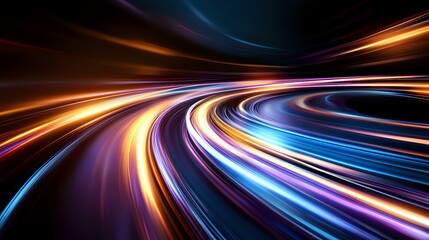 Poster - Dynamic light trails curve along a glowing path with vibrant orange, blue, and purple streaks creating an abstract motion effect against dark background.