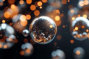 Poster - Floating bubbles create an enchanting display with shimmering reflections of light and vibrant colors in a dark setting