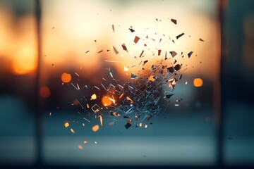 Poster - Shattering glass with a warm sunset glow and light reflections in a city background