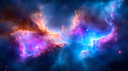 Wall Mural - A striking nebula displays vibrant hues of blue, purple, and orange as gases swirl together in the vastness of space, showcasing the incredible beauty and mystery of the universe