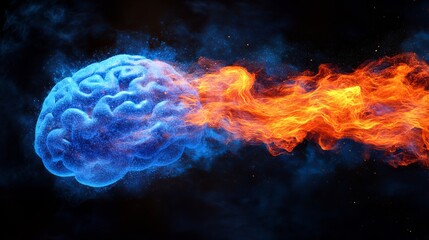 Poster - Blue Digital Brain On Fire With Orange Flames, Creative Visualization Of Brain Activity