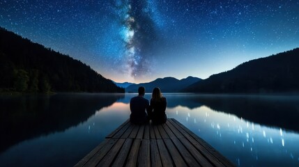Wall Mural - A couple is sitting on a dock by a lake at night