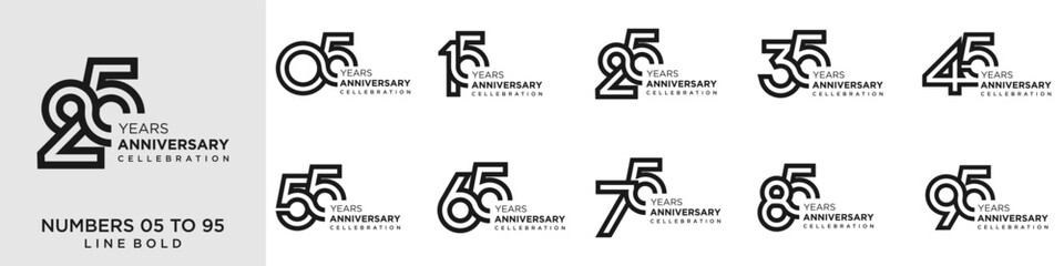 collection anniversary 15 to 95 year, creative number design vector illustration.