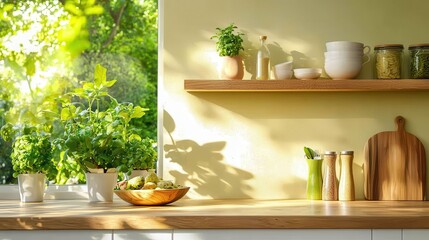 Food safety storage and prevention. Bright kitchen with plants and a wooden shelf bathed in natural light.