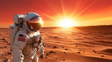 Wall Mural - an astronaut stands on the rocky surface of mars as the sun sets on the horizon, casting warm hues a