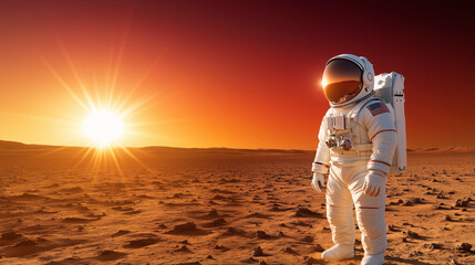 Wall Mural - an astronaut stands on the dusty surface of mars, gazing at a breathtaking sunset painted across the