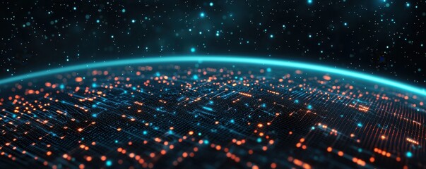 Poster - A digital depiction of a glowing planet with vibrant data streams, set against a starry cosmic background.