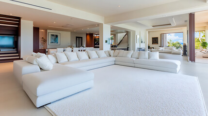 Wall Mural - A large living room with a white couch and a white rug