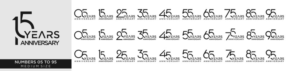 collection anniversary 15 to 95 year, creative number design vector illustration.