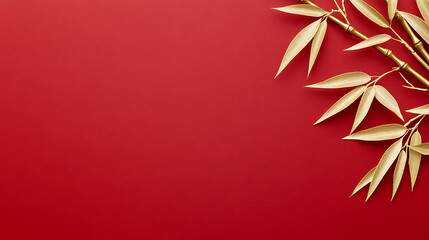 Wall Mural - A red background with gold leafy bamboo leaves