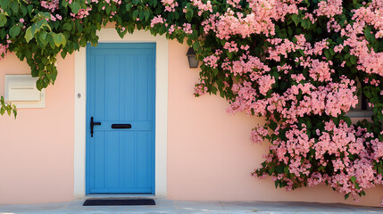 Wall Mural - A blue door with a black handle is in front of a house with a lot of pink flower