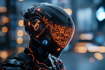 Poster - Futuristic robotic figure equipped with luminous digital helmet in a high-tech environment