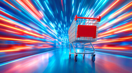 Poster - A shopping cart stands at the center of a vivid blur created by colorful light trails, suggesting movement and energy in a modern urban setting. The atmosphere is lively and engaging