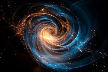 Poster - Swirling cosmic colors creating a mesmerizing spiral of blue and orange light in a dark space background around a central point