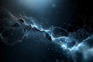 Poster - Abstract depiction of glowing particles and energy flowing in dark space illustrating cosmic connections