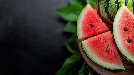 Wall Mural - Vibrant Slice of Watermelon with Visible Texture and Fresh Green Leaves on a Dark Surface