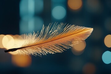 Poster - Intricate feather illuminated against a bokeh background with warm circular lights at night