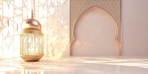 Wall Mural - Elegant Ramadan Lantern in Islamic Architectural Setting: A 3D Render of Festive Decor