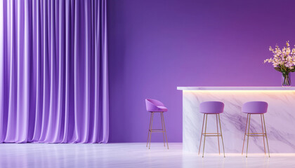 Wall Mural - Minimalist kitchen with lavender walls and violet bar stools