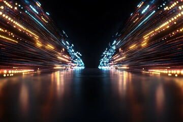 Poster - Bright streaks of light create a dynamic visual effect in a dark space revealing a sense of motion
