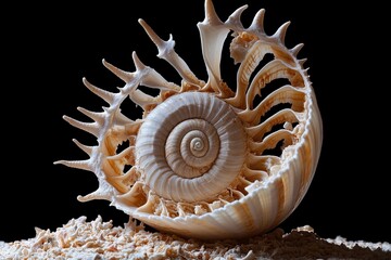 Poster - Intricate spiral shells resting on sandy surface showcasing natural beauty and detail