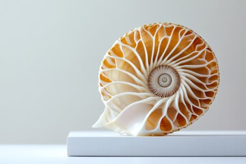 Poster - Nautilus shell displayed on a white surface, showcasing intricate natural patterns and textures in soft light
