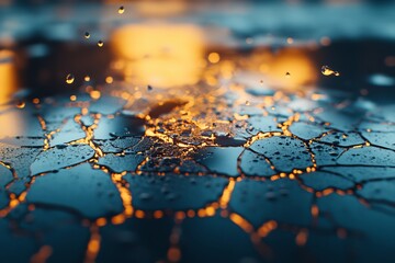 Poster - Reflection of sunset light on cracked surface with water droplets in a serene environment during twilight hours