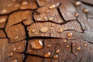 Poster - Water droplets collect on cracked wood surface after rain, showcasing nature's beauty in detail and texture