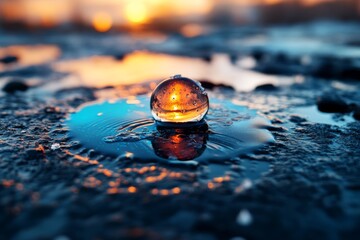 Poster - Reflection of sunlight captured in a droplet on a wet surface during sunset
