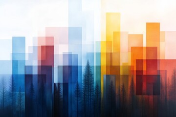 Poster - Abstract forest landscape with layered colorful shapes and silhouettes during twilight