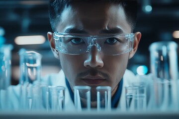 Poster - Young scientist conducting experiments in laboratory while focusing on test tubes and analysis
