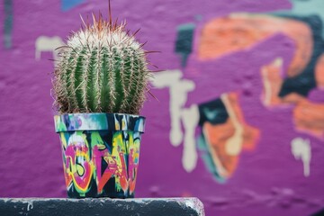 Wall Mural - Cactus in a colorful pot sits against a graffiti wall