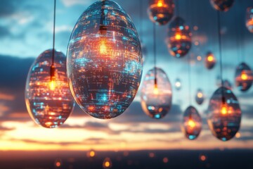 Poster - Colorful light bulbs with digital patterns hang in the evening sky during a vibrant sunset