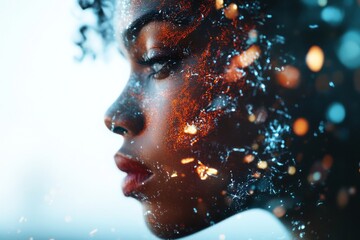 Poster - Vibrant portrait of a woman with cosmic elements illuminating her profile against a bright background