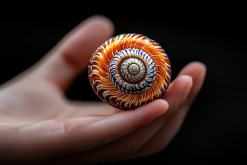 Poster - Detailed close-up of a colorful seashell held gently in an open hand against a dark background