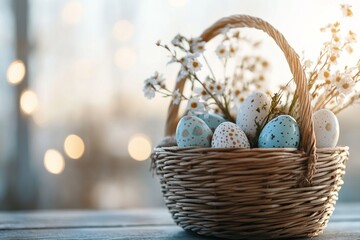 Wall Mural - Beautifully decorated Easter eggs in a wicker basket with flowers indoors during springtime