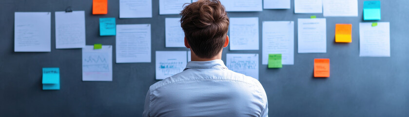 Poster - person analyzing documents on wall, deep in thought