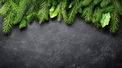 Wall Mural - Lush evergreen pine tree branches and vibrant green leaves on dark background create serene and natural atmosphere