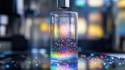 Poster - scientific experiment captures vibrant bubbles suspended in a glass container, illuminated by a spec